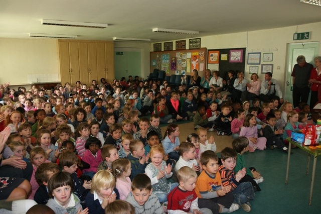 Assembly at a West Dublin National School visited by the Archbishop of Dublin and Bishop of Glendalough, the Most Revd Dr John Neill.