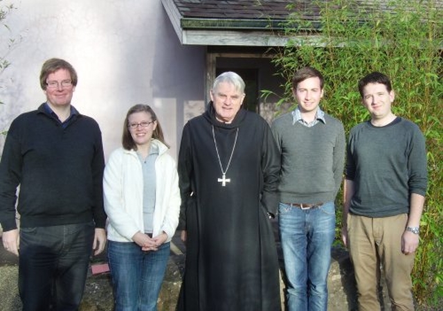 The Abbot of Glenstal Abbey, Mark Patrick Hederman (centre) with some members of the Trinity College Dublin Chapel community on their retreat to the Benedictine Monastery in Murroe, Co. Limerick.