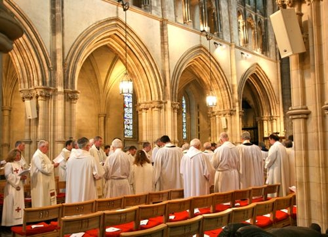 The clergy and lay ministers of the dioceses renew their commitment to ministry at the Chrism Eucharist on Maundy Thursday in Christ Church Cathedral. 