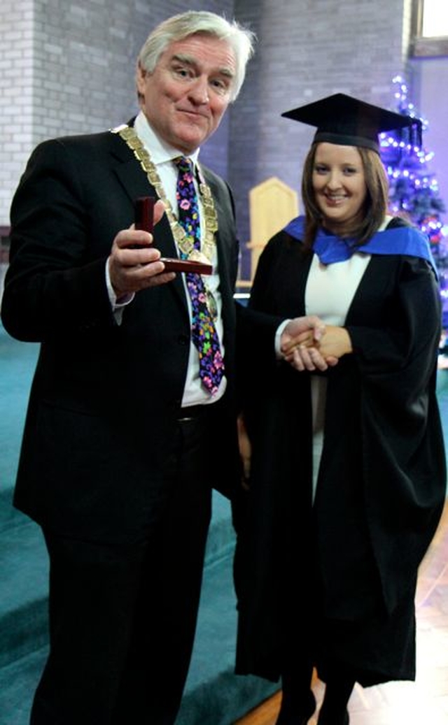 President of the INTO Brendan O’Sullivan presents Elaine Carter with the Vere Foster Medal at the graduation ceremony of the B.Ed graduates of 2013 in the chapel of the Church of Ireland College of Education. Elaine is from County Laois and teaches in St Patrick’s National School in Greystones. 