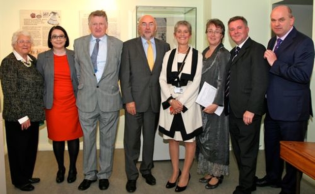 Education minister Ruairi Quinn with representatives of the Church of Ireland College of Education and the National Museum of Ireland at the the Kildare Place Society & Schooling in the Nineteenth Century exhibition in the National Museum of Ireland Collins Barracks.