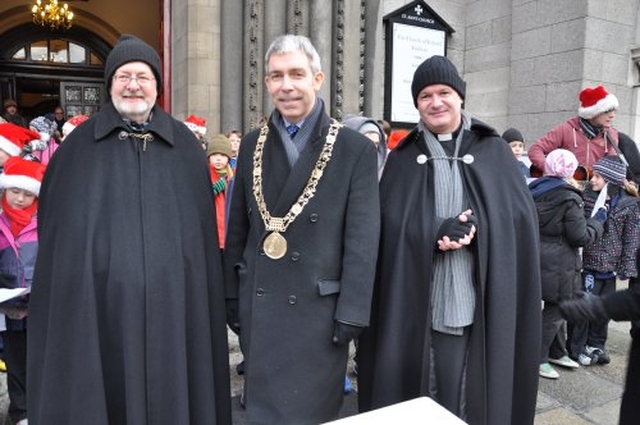 The curate of St Ann’s, the Revd Martin O’Connor, the lord mayor, Andrew Montague and the vicar of St Ann’s, the Revd David Gillespie at the launch of the Black Santa sit–out appeal 