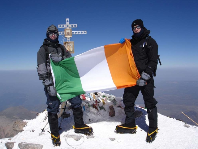 Graham Kinch from Dun Laoghaire and Ian Taylor of Leixlip, both congregants in CORE in Dublin at the summit of Mount Elbrus, the highest mountain in Europe (18,510 ft). The two are shortly to attempt to climb Mount Everest, the last of four climbs they are undertaking in aid of the Fields of Life project.