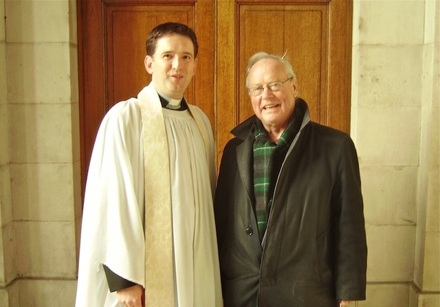 The Revd Darren McCallig, Dean of Residence and Chaplain at TCD, pictured with Prof Brendan Kennelly, poet, after the latter's sermon on virtue and vice in Trinity Chapel. Photo: TCD Chaplaincy.