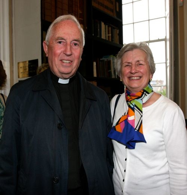 Dean of St Patrick’s Cathedral, the Very Revd Victor Stacey and June Empey at the opening of the new exhibition at Marsh’s Library, ‘The Marvels of Science – Books that Changed the World’.