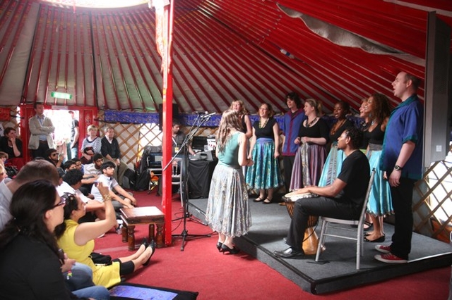 The Discovery Gospel Choir in song in the Faith Space tent at the Dún Laoghaire Festival of World Cultures.