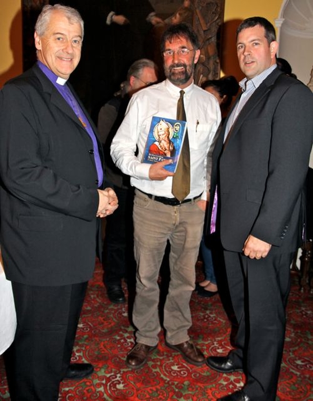 The Archbishop of Dublin, the Most Revd Dr Michael Jackson, Marcus Losack and Fergal O’Boyle of Columba Press at the launch of Marcus Losack’s new book Rediscovering Saint Patrick: A New Theory of Origins in the Deanery of St Patrick’s Cathedral, Dublin, on Thursday October 24. 