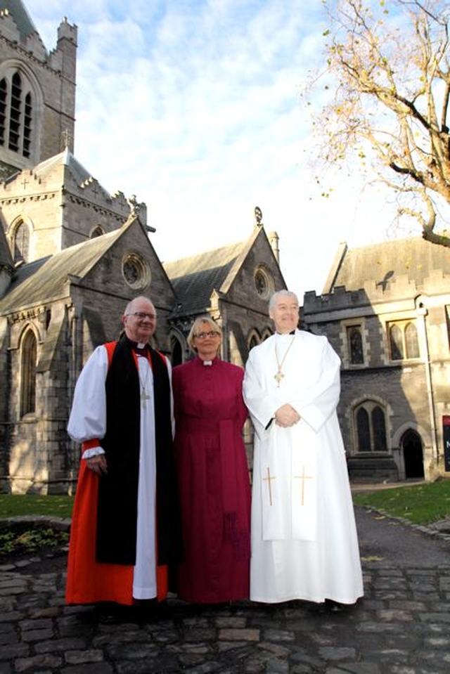 The Bishop of Meath and Kildare, the Revd Patricia Storey (centre) is pictured with the Archbishop of Armagh and Primate of All Ireland, the Most Revd Dr Richard Clarke and the Archbishop Dublin and Primate of Ireland, the Most Revd Dr Michael Jackson before her consecration in Christ Church Cathedral on Saturday November 30 2013. 