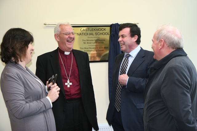 Minister Brian Lenihan shares a joke with Archbishop John Neill, principal Sandra Moloney and Revd Paul Houston at the official opening of Castleknock National School's new extension.