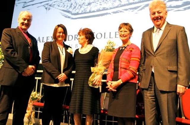 The Archbishop of Dublin, Dr Michael Jackson; school principal Barbara Ennis; special guest, Irish hockey player, Olympian and Alex past pupil, Maeve Kyle; vice chairperson of the school’s council, Judy Woodworth; and chairperson of the board of  management, Jimmy Menton at the official open of the Henrietta White Building at Alexandra College, Dublin. 