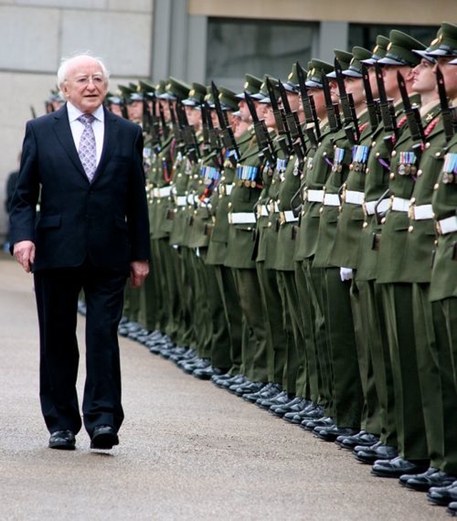 President Michael D Higgins inspects the Guard of Honour at the National Day of Commemoration Ceremony in Collins Barracks. 