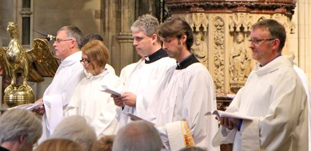 The five candidates during their service of ordination to the diaconate in Christ Church Cathedral on Sunday September 22 – Trevor Holmes, Linda Frost, David Bowles, Ian Horner and Eugene Griffin.