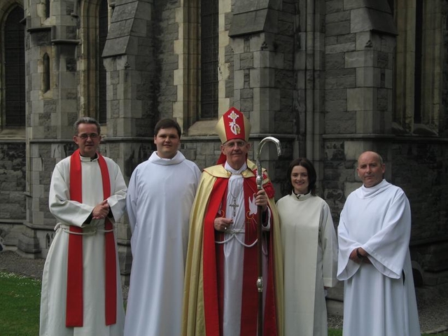 Pictured before their ordination as Deacons in Christ Church Cathedral are the Revd Stephen Farrell (2nd from left), the Revd Anne-Marie Farrell (2nd from right) and the Revd Robert Lawson (right) with the Archbishop of Dublin, the Most Revd Dr John Neill (centre) and the Dean of Christ Church Cathedral, the Very Revd Dermot Dunne (left).