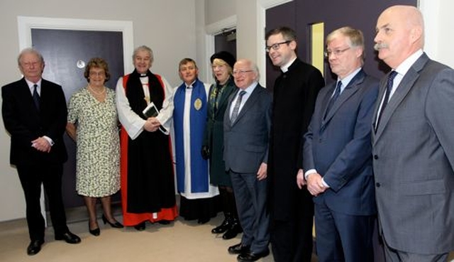 Alleyn Manley, chairman of the building committee; Sandra Moore, centre manager and glebe warden; the Archbishop of Dublin, the Most Revd Dr Michael Jackson, Nigel Pierpoint, diocesan reader; Mrs Sabina Higgins, President Michael D Higgins; the Rector, the Revd Niall Sloane; Lucian Anton, builder; and architect Peter Roberts at the official opening of the refurbished Carry Centre at Holy Trinity, Killiney.