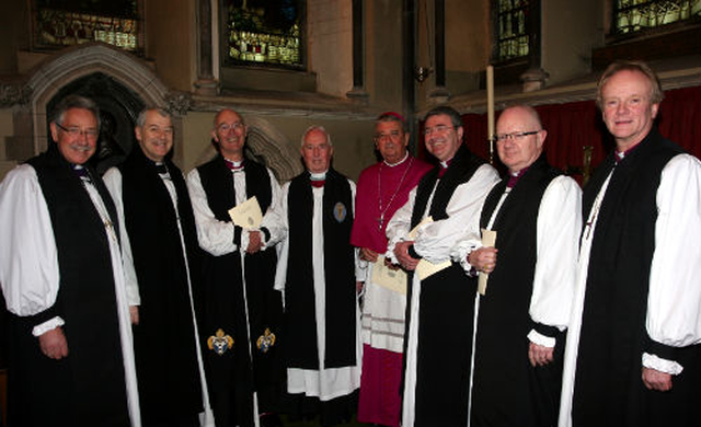 Bishop of Limerick, the Right Revd Trevor Williams; Archbishop of Dublin, the Most Revd Dr Michael Jackson; the Archbishop of Armagh, the Most Revd Alan Harper; the new Dean of St Patrick’s Cathedral, the Very Revd Victor Stacey; the Roman Catholic Archbishop of Dublin, the Most Revd Dr Diamuid Martin; the Bishop of Clogher, the Right Revd  Francis McDowell; the Bishop of Meath, the Most Revd Richard Clarke; and the Bishop of Tuam, the Right Revd Patrick Rooke at the service of installation for the new Dean in St Patrick’s Cathedral. 