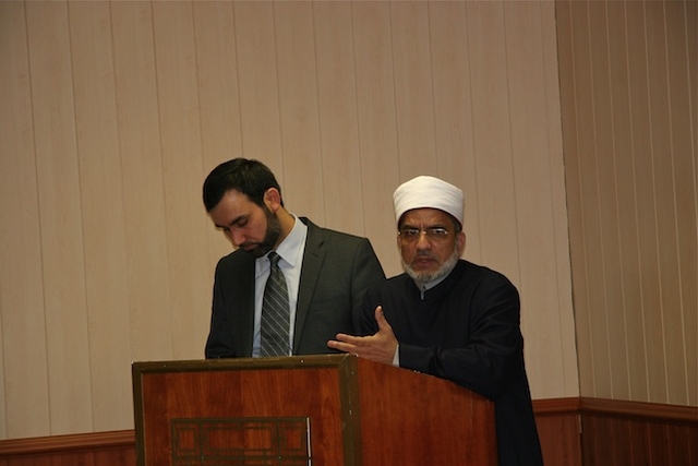 Imam Hussein Halawa speaking at the inter-faith visit to the Islamic Cultural Centre of Ireland.