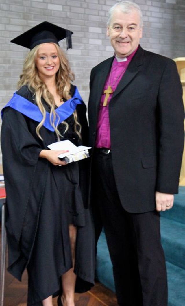 The Archbishop of Dublin, Dr Michael Jackson, presents the Governor’s prize for contribution to the life of the college to Lorraine Booth at the graduation ceremony of the B.Ed graduates of 2013 in the chapel of the Church of Ireland College of Education.  