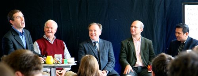 Gavin Jennings of RTE chairs a panel discussion at Rubicon, organised by Holy Trinity Rathmines, on the subject of Media and Faith. On the panel are author and philosopher Os Guinness, Irish Times religious affairs correspondent Patsy McGarry, RTE’s head of religious programming Roger Childs and Google’s John Foong. 