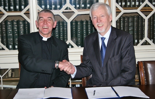 The Ven David Pierpoint, Archdeacon of Dublin, and John Hegarty, Provost of Trinity College Dublin, pictured after signing the inter-institutional agreement between the Church of Ireland College of Education and TCD. 