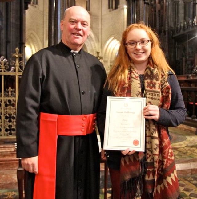 Emma Galloway received her certificate for successfully completing 3rd year of the Archbishop of Dublin’s Certificate in Church Music from Archdeacon Ricky Rountree, chairman of Church Music Dublin, at Evensong in Christ Church Cathedral. 