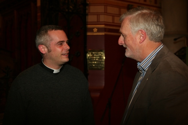 The Revd Andrew McCroskerry, Vicar of Bartholomews (left) with Fr Keiron O'Mahony following the lecture by the Revd Dr Jerome Murphy-O'Connor on the history of the Christian Quarter in Jerusalem.