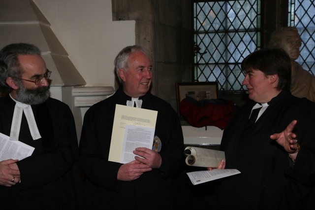 Pictured chatting at the installation of the Archdeacon of Glendalough and other dignitaries in Christ Church Cathedral are (left to right) the Deputy Registrar, the Revd Robert Marshall, the Registrar, the Revd Canon Victor Stacey and Cathedral Clerk, the Revd Gillian Wharton.