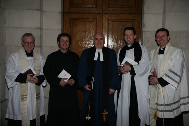 Pictured (centre) is the President of the Methodist Church in Ireland, the Revd Aian Ferguson who preached in Trinity College Dublin at Choral Evensong for Christian Unity week. He is pictured with the various Chaplains of Trinity College (left to right) Fr Paddy Gleeson (RC), the Revd Julian Hamilton (Methodist/Presbyterian), the Revd Darren McCallig (C of I) and Fr Kieron Dunne (RC).