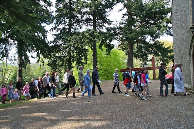 Good Friday Ecumenical Way of the Cross arriving at St Patrick's Church, Powerscourt from St Mary's Church, Enniskerry.