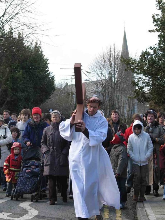 Tim Weldon, a parishioner of St Patrick’s Church, Powerscourt (Enniskerry) playing the role of Jesus at the Ecumenical Procession of the Cross on Good Friday through Enniskerry, Co Wicklow from the Roman Catholic to the Church of Ireland Churches