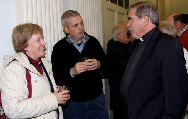 The Revd Adrienne Galligan, David McConnell and the Revd Terry Lilburn in the TCD Gallery Chapel for the launch of the redesigned SEARCH journal and website. 