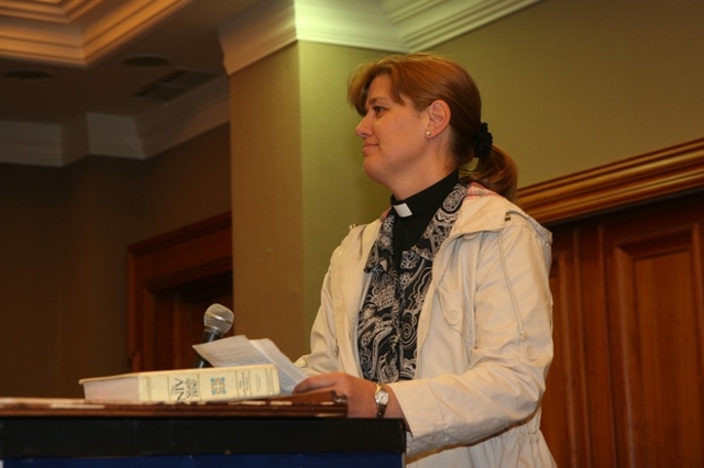 Pictured is the Revd Suzanne Harris, Curate in Booterstown and Mount Merrion opening an Ecumenical talk in Authority and Ministry in Stillorgan.