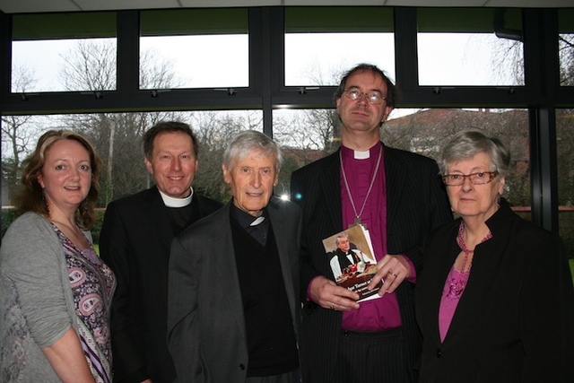 Canon Edgar Turner and family pictured with Canon John Mann and Bishop Michael Burrows at the launch of Edgar Turner at 90 (edited by John Mann) in Church of Ireland House, Rathmines, Dublin. Photo: Paul Harron.