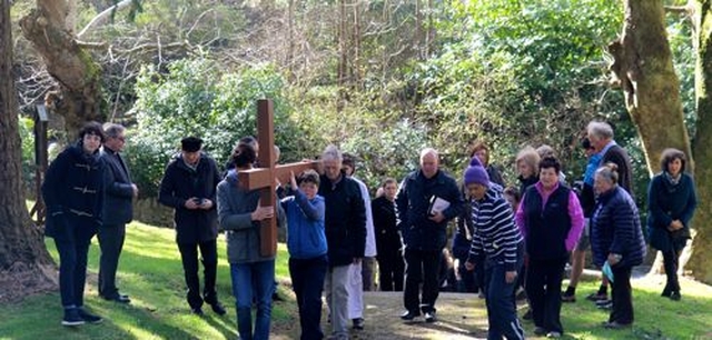 Participants in the Ecumenical Way of the Cross in Enniskerry arrive at St Patrick’s Church, Powerscourt, having started at St Mary’s Church. 