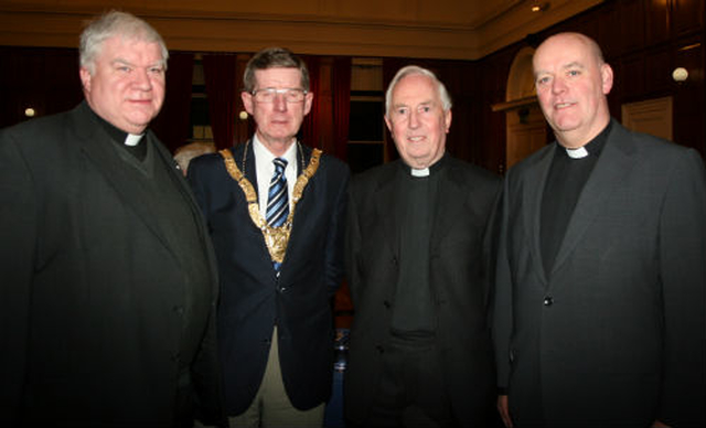 Msgr John O’Connor; Cathaoirleach of Dun Laoghaire Rathdown County Council, Cllr John Bailey; Dean–Elect of St Patrick’s Cathedral, Canon Victor Stacey; and Archdeacon of Glendalough, the Ven Ricky Rountree at the civic recption in Dun Laoghaire’s County Hall to mark the election of Canon Stacey as Dean.