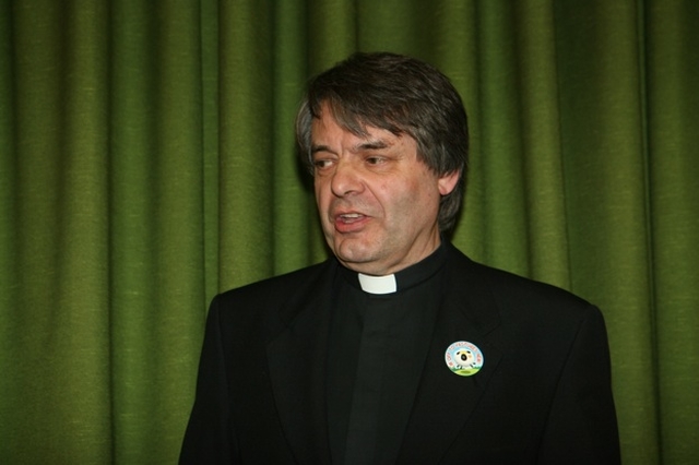 The new Rector of Monkstown, the Revd Canon Patrick Lawrence at a reception that followed his institution wearing a badge reading I am off to pastures new given to him by the clergy of his former diocese of Meath and Kildare.