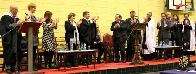 Guest of honour, Olympic athlete Natalya Coyle, gets a standing ovation from the platform and the entire hall following her inspirational address to the King’s Hospital 2012 Charter Day celebrations on December 10. 