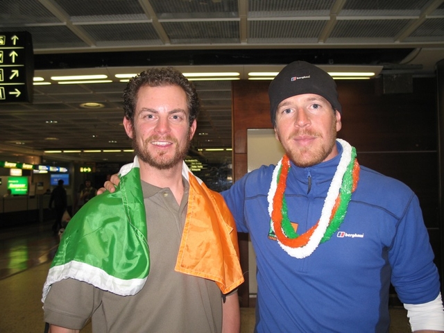 Everest Conquerers Graham Kinch (left) and Ian Taylor celebrate following their safe return.