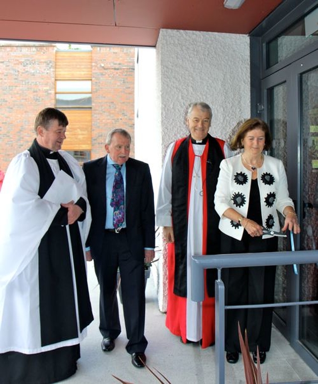 The new extension to St Andrew’s National School in Malahide was officially opened by Susie Hall (centre), longstanding member of the board of management. She is pictured with the Revd Dr Norman Gamble, school principal Trevor Richmond and Archbishop Michael Jackson.