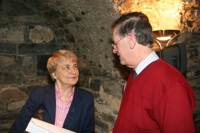 Dr Valerie Jones with Daithaí Ó Maolchoile after a lecture marking the 95th Anniversary of the foundation of Cumman Gaelach na hEaglaise. Dr Jones spoke on the history of Colaiste Mobhí, the first in a series of lectures on Tuesdays in Christ Church Cathedral on Cumman Gaelach.