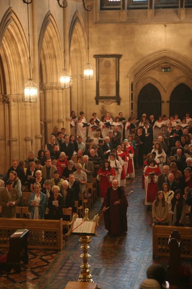 Pictured is the procession of current and former Choristers of Christ Church Cathedral at a special Evensong to mark the foundation of the Christ Church Cathedral past Choristers Association.