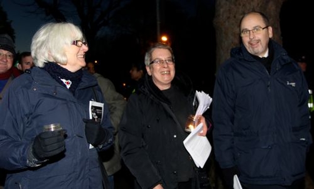 Uta Raab of Dublin Council of Churches (centre) with Major Gillian Dicker and Major Stuart Dicker. 