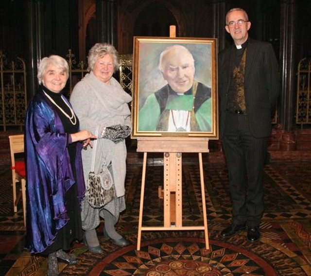 Mrs Olivia Bartlett (artist), Ms Iris Sherwood and Dean Dermot Dunne with the newly unveiled portrait of former dean, the Very Revd Tom Salmon, in Christ Church Cathedral on Sunday February 3. (Photo: David Wynne)