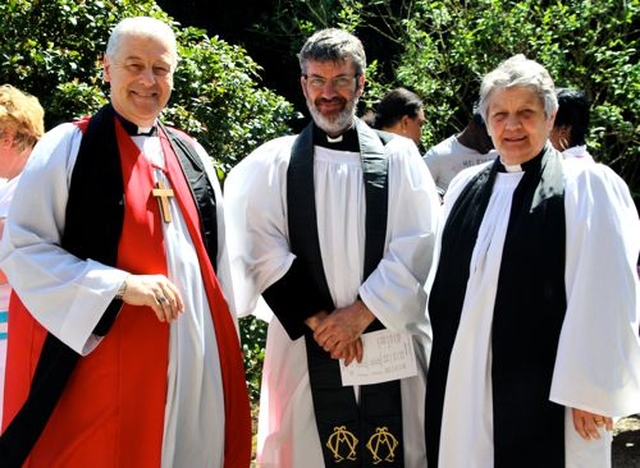 Archbishop Michael Jackson, the Revd Ian Cruickshank and the Revd Olive Henderson outside St Nicholas Church, Dunlavin, following the West Glendalough Children’s Choral Festival on Friday June 7. 