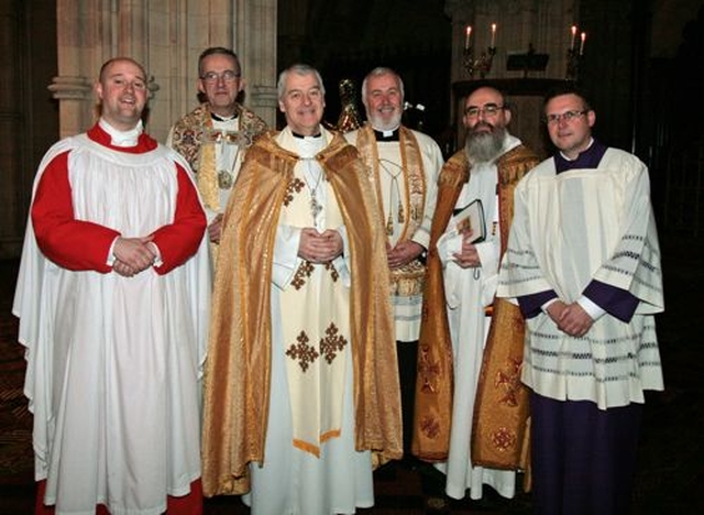 Director of Music at Christ Church Cathedral, Dublin, Ian Keatley; Dean of Christ Church, the Very Revd Dermot Dunne; the Archbishop of Dublin, the Most Revd Dr Michael Jackson; the Very Revd Dr Hugh P Kennedy, ADM, of St Peter’s Roman Catholic Cathedral, Belfast; Canon Patrick Comerford (preacher); and Director of Music at St Peter’s Cathedral, Nigel McClintock, following the special cross border, ecumenical St Patrick’s Day Festival Eucharist in Christ Church Cathedral. 