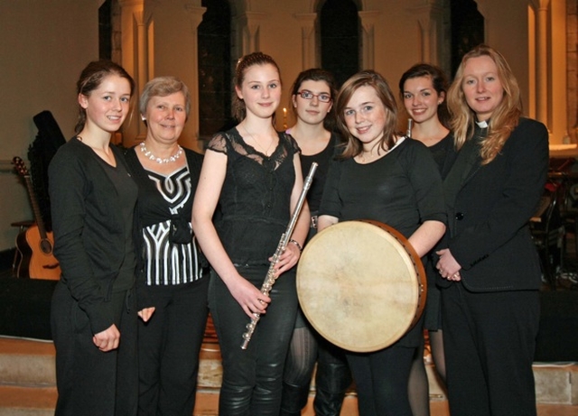 The Revd Sonia Gyles (right), Rector of Sandford and Milltown with the Alex College Trad Band at the Evening of Music and Song in Sandford Parish Church.