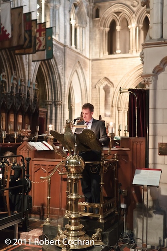 Grey Fromholz, Director of 3Rock Youth, speaking at 'St Patrick in His Own Words', an Ecumenical Celebration in St Patrick's Cathedral. The St Patrick's Day event was organised by the Dublin Council of Churches and attended by various church leaders from Dublin. Photo: Robert Cochran.