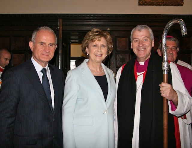 Dr Martin McAleese; Mary McAleese, Uachtarán na hÉireann; and the Most Revd Dr Michael Jackson, Archbishop of Dublin and Bishop of Glendalough, following Dr Jackson's enthronement in Christ Church Cathedral.