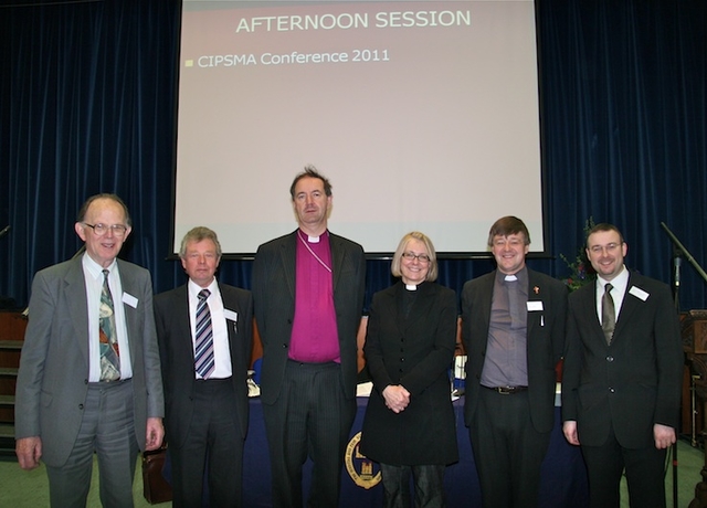 Mr Bill Perrott, CIPSMA Chairperson; Peter Dowd, CIPSMA committee; the Rt Revd Michael Burrows, Bishop of Cashel and Ossory; the Revd Janina Ainsworth, Chief Education Officer of the Church of England; the Revd Dr Norman Gamble, CIPSMA committee; and Dr Ken Fennelly, Secretary of the Board of Education (RI), at the first annual Church of Ireland Primary School Management Association Conference in Kings Hospital School, Palmerstown.