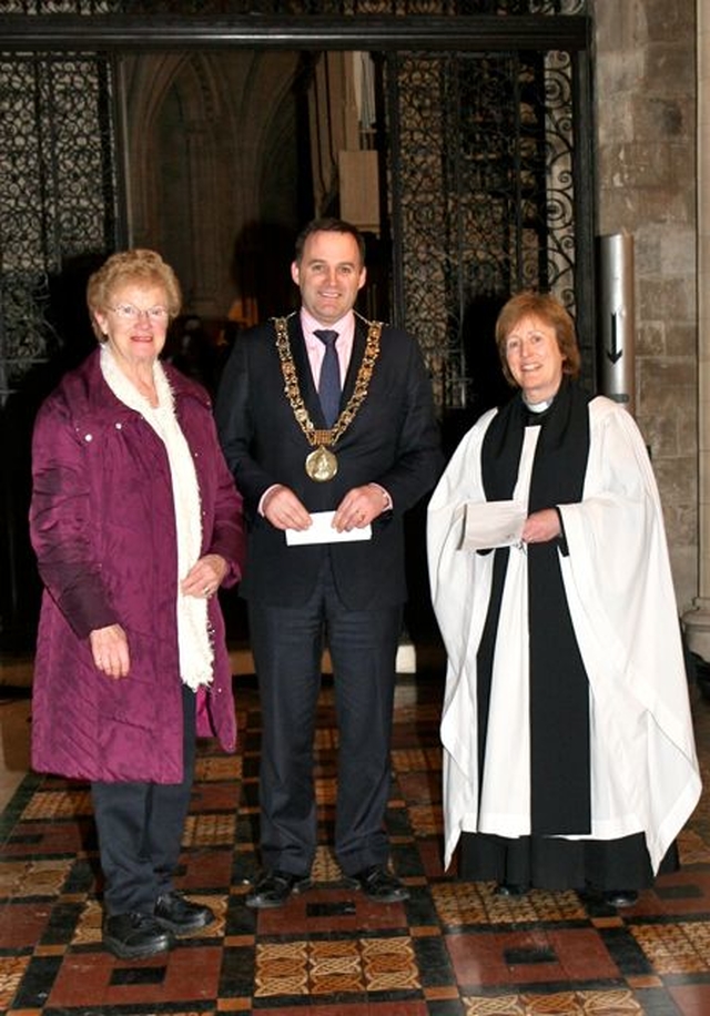 Bláthnaid Ó Brádaigh of Pobal an Aifrinn, the Lord Mayor of Dublin Naoise Ó Muirí and the Revd Adrienne Galligan at the annual Inter Church Service in Irish organised by Cumann Gaelach na hEaglaise and Pobal on Aifrinn in Christ Church Cathedral on Friday January 25. 