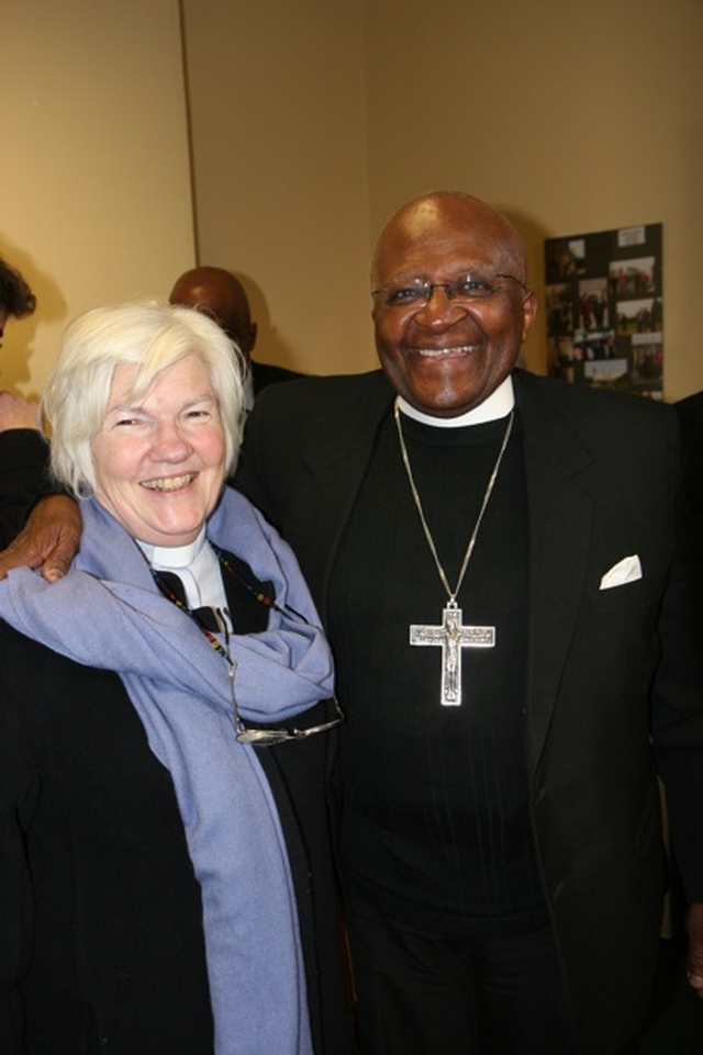 The former Archbishop of Cape Town, the Rt Revd Desmond Tutu with the Revd Marie Rowley-Brooke during the Archbishop's visit to Trinity College Dublin.